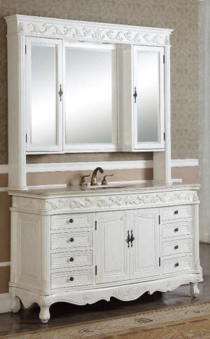 60-Inch Antique Style Single Sink Bathroom Vanity with Mirrored Hutch in Antique White Cabinet Color Finish.